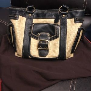 Large COACH Black Leather and Straw Bucket Bag